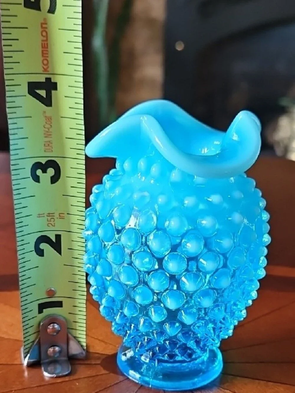 Vintage Fenton Blue Opalescent Hobnail Crimped Ruffled Glass  Miniature Vase